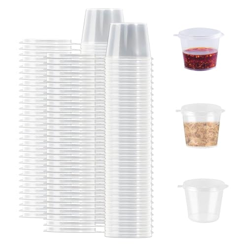 SJDOFU Mini Aufbewahrungsdosen, 100 Stück Aufbewahrungsdosen mit Deckel, Wiederverwendbarer becher für Soßen Dips Gewürze Mikrowellengeeignet - 25ml(Weiß)