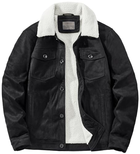 LOUECHY Men's Sherpa Lined Jacket Faux Suede Trucker Jacket Fleece Warm Winter Coats