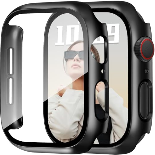 JR.DM 40mm 2 Pack Hard PC Case with HD Tempered Glass Screen Protector for Apple Watch Series 6/5/4/SE/SE2/SE3 Guard Bumper Full Coverage Protective Anti-Scratch Face Cover for iWatch Black+ Black