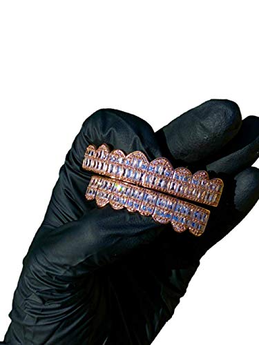 14k Rose Gold Baguette Joker Pink Grillz for Mouth Top Bottom Hip Hop Teeth Grills for Teeth Mouth Grillz for Mouth Top Bottom Hip Hop 8 Teeth Prong Set Cz Diamonds Grills for Tooth