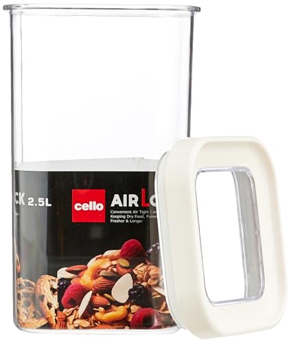 Image of CELLO Airlock Square Pet Storage Jar for Kitchen 2500 ml White | Freezer & Fridge Safe Airtight Stackable Pet Kitchen Storage Box Jar Container Set for Beans Whole Grains Spices Candy & Dry Fruits