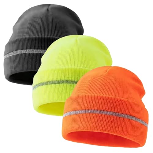 Lcarege 3Pcs Reflective Beanie Knit Warm Hi Vis Beanie Adult Safety Reflective Hat for Outdoor Running, Cycling, Hiking, Skiing, Orange & Yellow