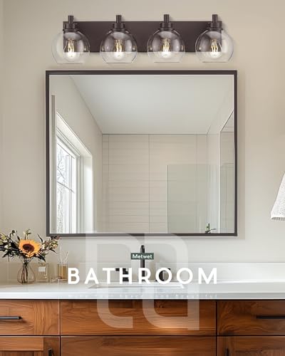 Image of 4-Light Bathroom Vanity Light, Oil Rubbed Bronze, Clear Globe Glass | 26 inch ORB vanity light for 32-42 inches mirrors, clear globe glass shades, E26 base, hardwired, up /down mount, VL195-ORB-4