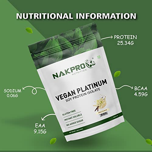 NAKPRO 100% Soy Protein Isolate, Vanilla - 500g | 25.3g Protein, 4.6g BCAA | Natural Vegan Plant Protein Powder | Easy To Digest | All Essential Amino Acids for Muscle Gain and Recovery