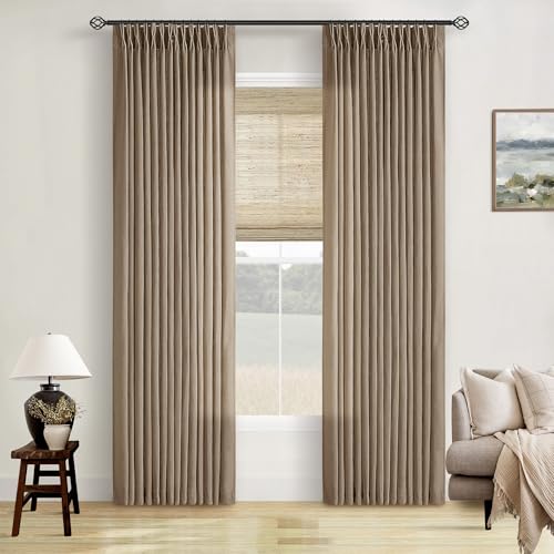 Image of TWODRAPES Tan Brown Linen Curtains 86 Inches Long for Living Room Pinch Pleated Drape with Hooks Rings for Track System Light Filtering 86 Inch Curtain for Bedroom Sliding Patio Door 2 Panels Latte
