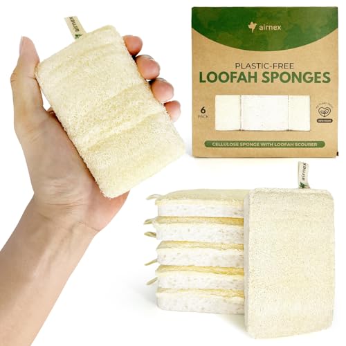 AIRNEX Natural Loofah Sponges for Dishes - Pack of 6 Plastic Free Loofah Kitchen Sponges with Cellulose Core & Cotton Loop - Non Toxic Natural Sponges for Dishes & Kitchen Cleaning by AIRNEX - Used condition - US$12.46