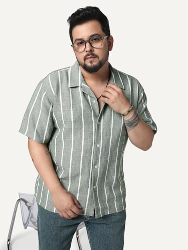 Image of Urbano Plus Men's Cotton Half Sleeve Relaxed Fit Linen Striped Shirt with Cuban Collar