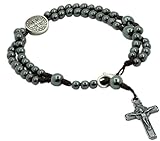 Catholica Shop St. Benedict Medal & Crucifix Rosary Bracelet - 8.5 Inch long Knotted Hematite 4mm Beads, Durable Corded Design – Unisex Jewellery Handcrafted in Brazil, Ideal for Gifting