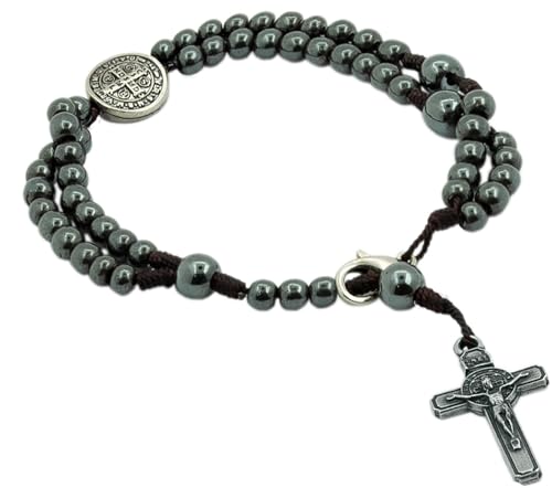 Catholica Shop St. Benedict Medal & Crucifix Rosary Bracelet - 8.5 Inch long Knotted Hematite 4mm Beads, Durable Corded Design – Unisex Jewellery Handcrafted in Brazil, Ideal for Gifting
