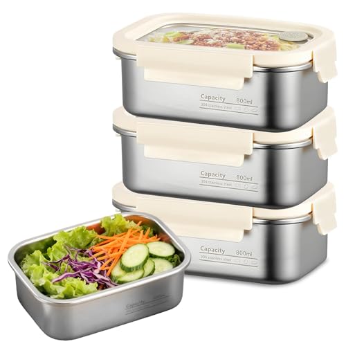 Boîte Alimentaire Inox, 3 Pièces Boîtes de Conservation Alimentaire Hermétiques, Boîte Hermétique Alimentaire Empilable avec Couvercle, Boîte Inox...