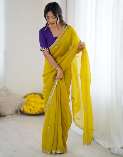 Image of SIRIL Women's Tissue Silk Scalloped Border Embroidery Saree with Unstitched Blouse Piece