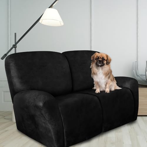 Image of ANARACHON Loveseat Recliner Cover Leather Look Recliner Loveseat Covers Recliner Sofa Cover for 2 Seater Reclining Couch Spandex Fabric Washable 6 Pieces (2 Seater, 02 Black)