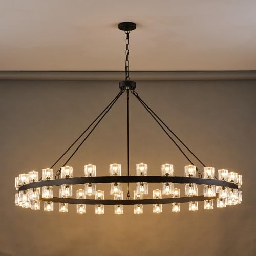 Image of 60 Inch Black Wagon Wheel Chandelier with Crystal Shade, 60 Lights, Modern Farmhouse Style, Ideal for Dining Room, Kitchen, Entryways