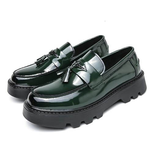 Image of Men's Black Soft Patent Leather Platform Chunky Heel Loafers Fashion Tassel Business Casual Formal Work Shoes Non-Slip Lug Sole Slip-On Penny Loafers