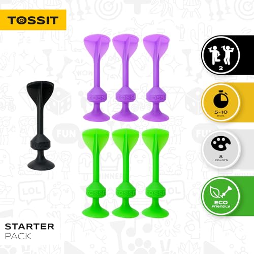 TOSSIT Jeu Fléchette Ventouse, Pétanque Intérieur Extérieur pour Sol et Mur, Silicone Puissant et Durable, Starter Pack, Violet Vert