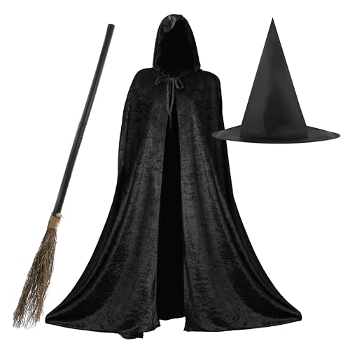 Ladies Halloween Witch Costume - Black Velour Cape Pointed Witch Hat and 3-Piece Witch Broom - Adults Halloween Trick or Treat Fancy Dress