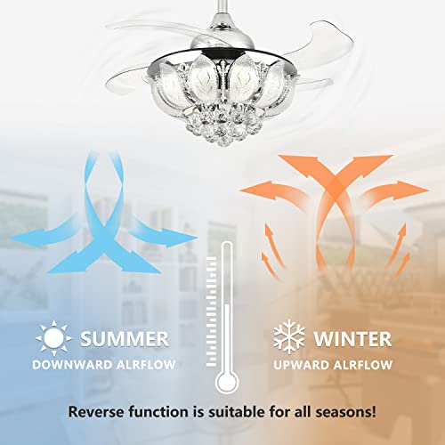 Siljoy 36" Retractable Crystal Ceiling Fans With Lights And Remote Modern Dimmable Led Fandelier Reverse Invisible Chandelier Fan Chrome Dimmable Fandelier For Bedroom Living Room #TOP4