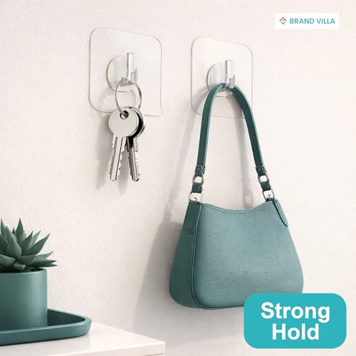 Image of BRAND VILLA Adhesive Wall Hooks Heavy Duty, Waterproof No Drill Clear Sticky Hooks for Bathroom Kitchen Shower, Strong Self Adhesive Hooks for Towels, Utensils, Keys - Damage-Free (20 Pack)