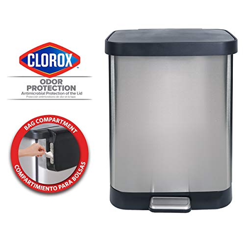 Glad GLD-74506 Stainless Steel Step Trash Can with Clorox Odor Protection | Large Metal Kitchen Garbage Bin with Soft Close Lid, Foot Pedal and Waste Bag Roll Holder, 13 Gallon