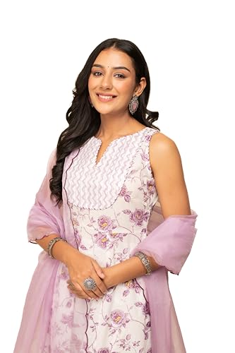 Image of FIORRA Women's White Cotton A-line Kurta with Pant and Dupatta