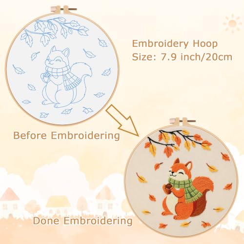 Image of Louise Maelys Autumn Squirrel Embroidery Kit for Beginners Adults | Cross Stitch Kit for Adults,Stamped Pattern, Complete Easy Needlepoint Kit, Easy Craft Thankgiving Gift And Room Decor
