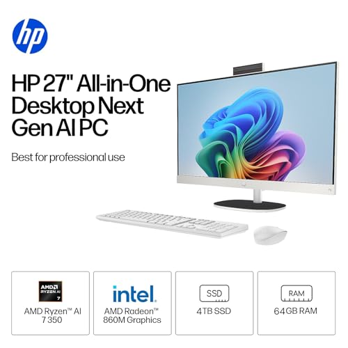 Image of HP 27 inch All-in-One Touchscreen Desktop Computer, Next Gen AI PC, AMD Ryzen AI 7 350 (8-Core), 64GB DDR5, 4TB SSD, Webcam, Wi-Fi 6, Bluetooth 5.4, Wireless Keyboard & Mouse, Windows 11 Pro, Accessories