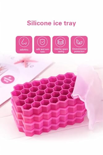 Image of BIDFUL [4 Pack] Silicone Ice Cube Trays for Freezer with Lid - 37 Grid Pink Ice Cube Mold, Easy-Release Flexible Ice Trays, Reusable Stackable Ice Tray for Iced Coffee, Juice & Drinks