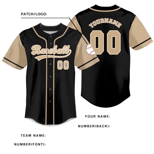 Camiseta de béisbol personalizada con nombre y número | Camisas abotonadas para hombres, mujeres y niños - Negro/SaddleBrown miniatura 5