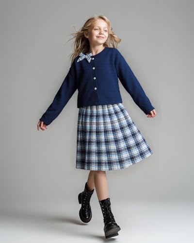 Image of PureChapter Girls' Preppy Clothes Plaid Vest Dress Cardigan Jacket Belt Cute Kids Clothes 7-14Y Green