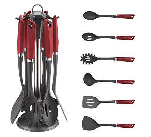 Lot de 7 ustensiles de cuisine en plastique - Cuillère de service, pelle à spaghetti, louche, spatule (rouge)