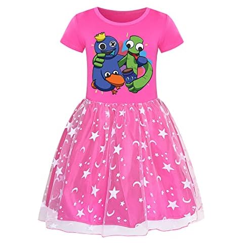 AMZUYIJ Rainbow Friends Costume Girls Rainbow Dress Rainbow Cosplay (Rose red,150cm,9 Years,10 Years) Cover