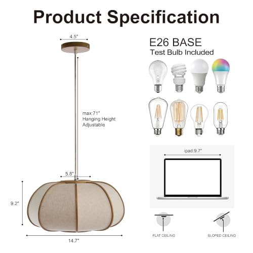 Image of Pendant Light, Boho Bamboo Hanging Light with Adjustable Height | 15 inch Pumpkin Drum Linen Shade, Farmhouse Ceiling Light Fixture for Dining Rooms, Kitchen Islands, Bedrooms, Entryways, E26