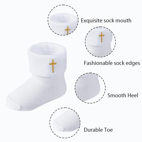 Newborn Christening Socks with White Lace Ruffle Cross Embroidery Cotton Baptism Sock for Socks for Girls/Boys (US, Age, 0 Months, 12 Months, white - A)