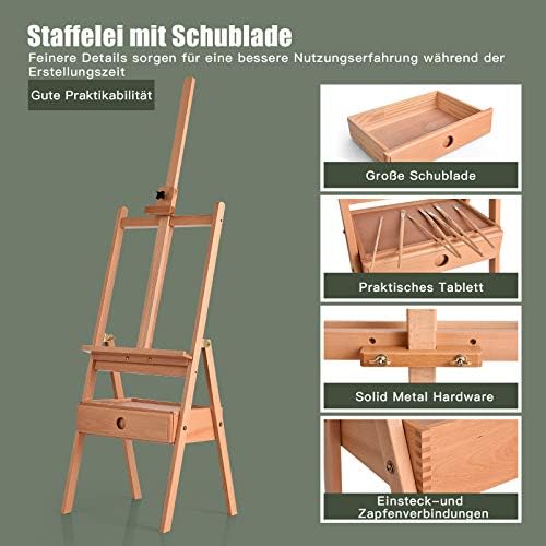 Caballete de artista con estante y cajón, caballete de madera de haya, caballete ajustable, caballete de estudio para lienzos de hasta 92 cm, caballete de suelo