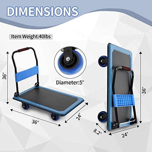Heavy Duty Platform Truck, Push Cart Furniture Dolly with 1100Lbs Capacity and 5\'\' TPR 360 Degree Swivel Wheels for Loading and Storage 36x24Inch - Thumbnail 3