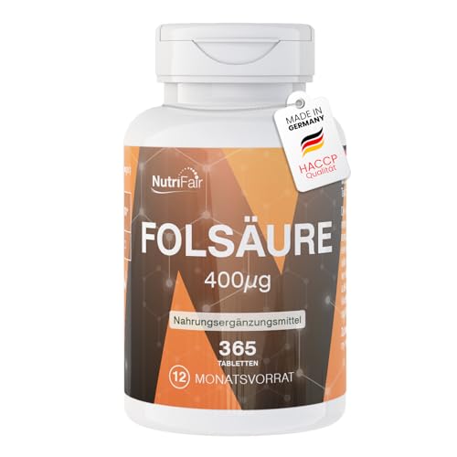 Ácido fólico 400 μg - 365 comprimidos - Deseo de tener hijos y embarazo - Alta dosis - 100% vegano - Producción y control de laboratorio en Alemania - NutriFair | Premium & Fair