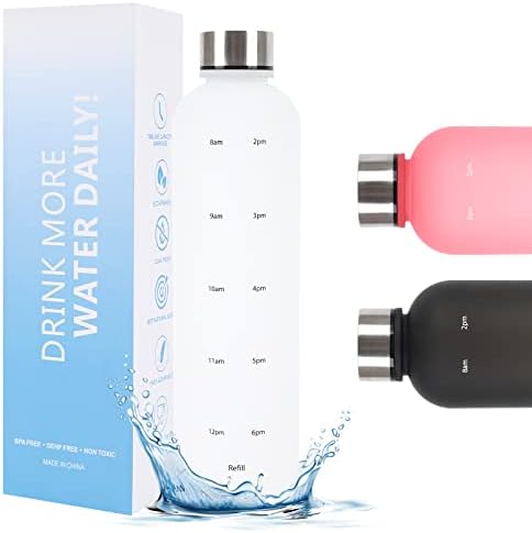 Jodsen 1L Water Bottle,Reusable BPA Free Leak Proof Water Bottle with Motivational Time Markings,Large Capacity Sport Water Bottle for Indoor Outdoor Sports,Camping,Cycling,School,Office (White)