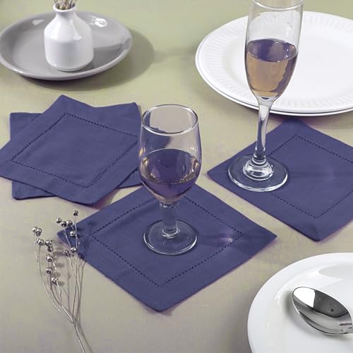 Image of Fingercraft Cotton Cocktail Napkins 6x6 Inches - Set of 12 Reusable Cloth Beverage Coasters with Elegant Ladder Hemstitch - Perfect for Parties, Bars & Home Use (Navy Slub)