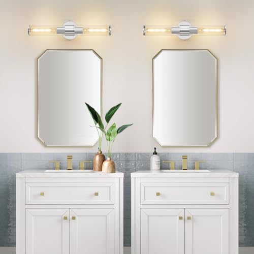 Image of Hardwired Chrome Bathroom Vanity Light Clear Glass Wall Sconce | Up & Down Bidirectional Lighting, Damp Rated For Bathrooms, Dimmable, Rustproof Metal, 3-Year Manufacturer Warranty