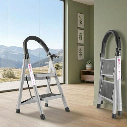 Image of Casa Copenhagen White 2 Step Ladder for Home Use with Built-in Tool Tray | Heavy Duty D Shape Rods | Ultra Large Platform | Wide Rubber Feet | 150Kg Capacity Foldable Ladder - 7 Years Warranty