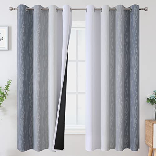 Estelar Textiler Grayish White and Grey Blackout Curtains for Living Room, Ombre Thermal Insulated Noise Reducing Blackout Drapes for Bedroom, Full Room Darkening Grommet Curtains, 52Wx63L, 2 Panels