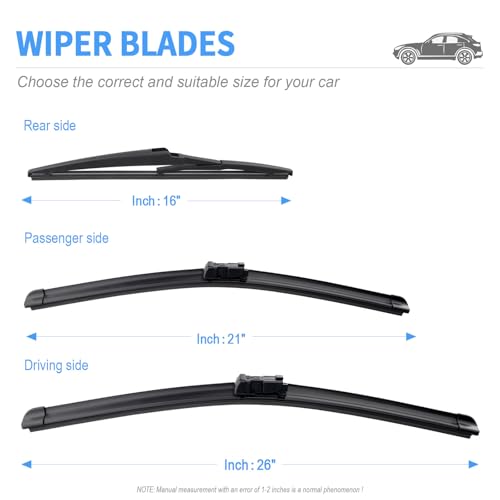 Image of Gavimnal Silicone Wiper Blades Replacement For Lexus RX350 2016-2022 | Fits RX450h 2016-2022; 26 inch+21 inch Front & 16 inch Rear, All-Weather, Streak-Free, OE-fit, Quiet, Easy One-Click Install