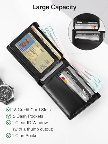 TopMade Mens Wallet with Smart Tracker, Genuine Leather Bifold Wallet Works with Find My App, 13 Cards High Capacity with ID Window, Cash Slot, Coin Pocket, RFID Blocking, GPS Wallet Tracker, Black4