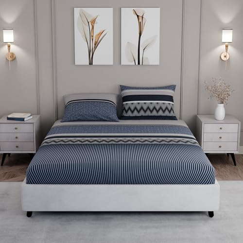 Image of BLISSHOME SoftTouch 150TC Cotton King Size Fitted Bedsheet with 2 Pillow Covers, Silky Smooth Bedding Set, Breathable, Easy Maintain, Geometric Pattern - Navy (183cm x 198cm + 25cm Drop)