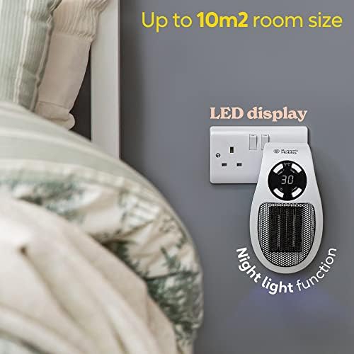 Russell Hobbs RHPH2001 Heater with Ceramic Plug-in Heater, 500 W, Adjustable Thermostat, 12-Hour Timer and LED Display, 2 Fan Speeds, White