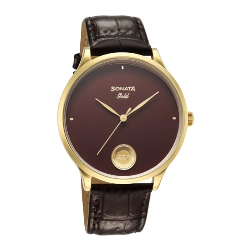 Image of Sonata Gold with Quartz Analog Regal Maroon Dial with 0.15 Gm 22 Karat Tanishq Gold Coin On Dial Brown Leather Strap Watch for Men - 7153YL03