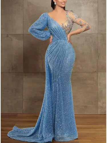 Elegant Mermaid/Trumpet Sequined Prom Celebrity Gown Illusion Neck Long Sleeves Court Train Formal Dress 20242