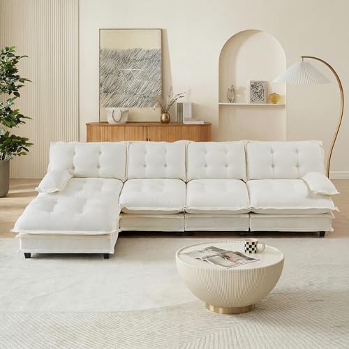 Image of 139 inch Sectional Sleeper Sofa with Ottoman, L Shaped Modular Deep Seat Couches for Living Room Apartment, Flexible Module Combination Cloud Sofa with Spring Support, Easy Assembly, White