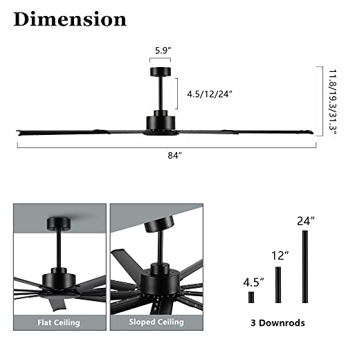 Ledlux 84 Inch Ceiling Fan No Light Black, Reversible Dc Motor, 6 Speed Remote Control, Industrial 9 Aluminum Blades With 4.5 Inch/12 Inch/24 Inch Downrods For Home Or Commercial thumb #2