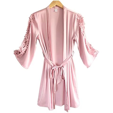 Laura Lily - Women's Silk Satin Pajamas with Floral Lace Solid Solid Color - Pink - M/L Cover
